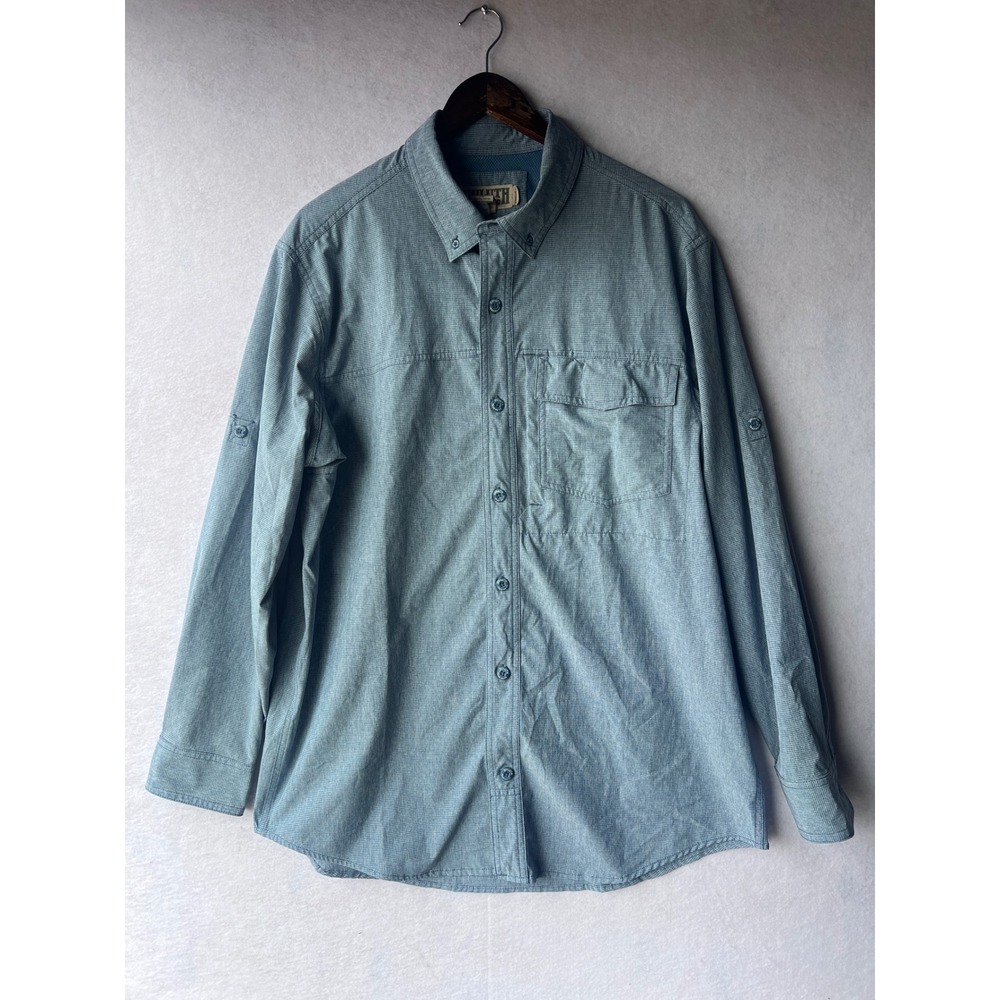 Duluth Trading Co Mens Large Blue Micro Check Roll Tab Vent Back Fishing Shirt